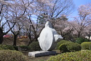 桜まつりと彫刻「風祭」(小林亮介) - 富士森公園