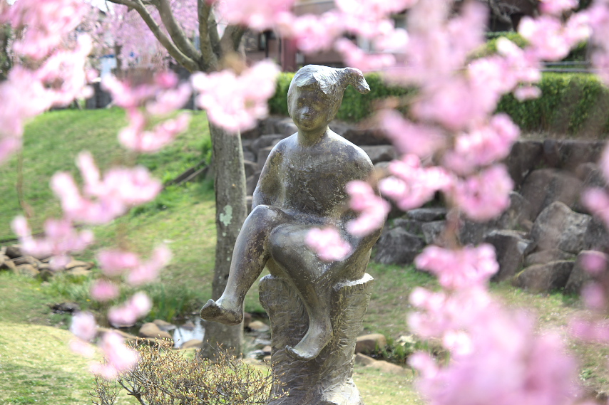 枝垂桜越しに彫刻「春休み」 - 片倉城跡公園