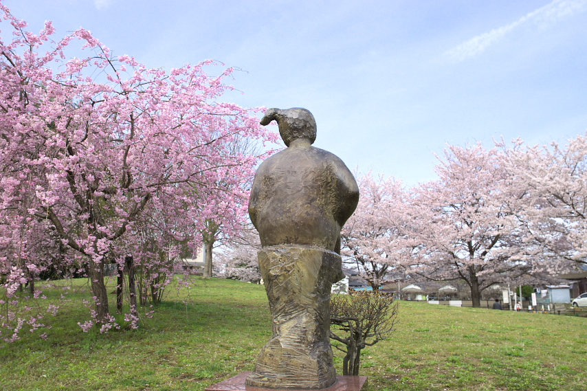 桜と彫刻「春休み」背面 - 片倉城跡公園
