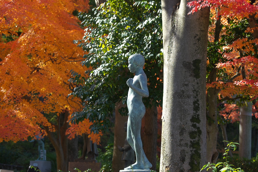 紅葉と彫刻「少年」2 - 片倉城跡公園