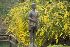 彫刻「憧れ」、山吹が咲く春 - 片倉城跡公園